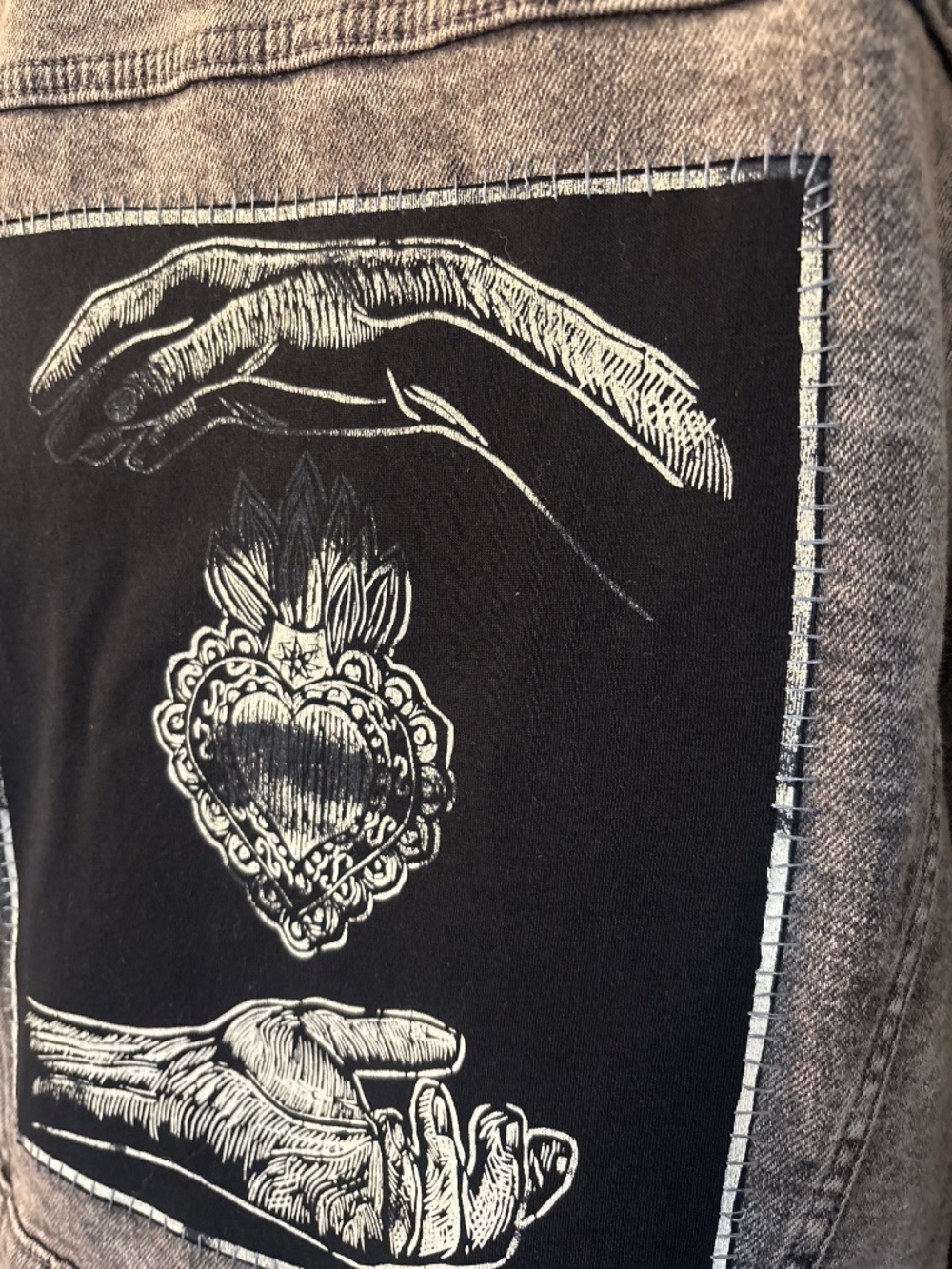 Custom Upcycled Woodcut "Sacred Heart" Denim Jacket - Picture 2 of 3